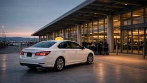 Taxi waiting at an airport terminal for a San Mateo pickup