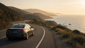 Car on a coastal highway for a long-distance trip